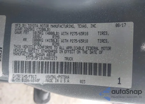 2018 Toyota Tundra Sr5 5.7L V8 z USA, uszkodzony, nr VIN 5TFDY5F18JX681217